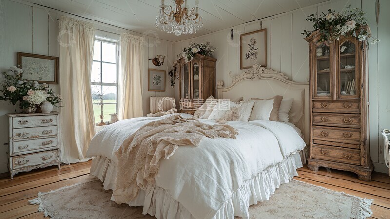 高清大图下载【趣麦麦图】白色床铺木质床头柜1