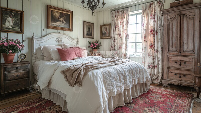 高清大图下载【趣麦麦图】白色床铺木质床头柜2