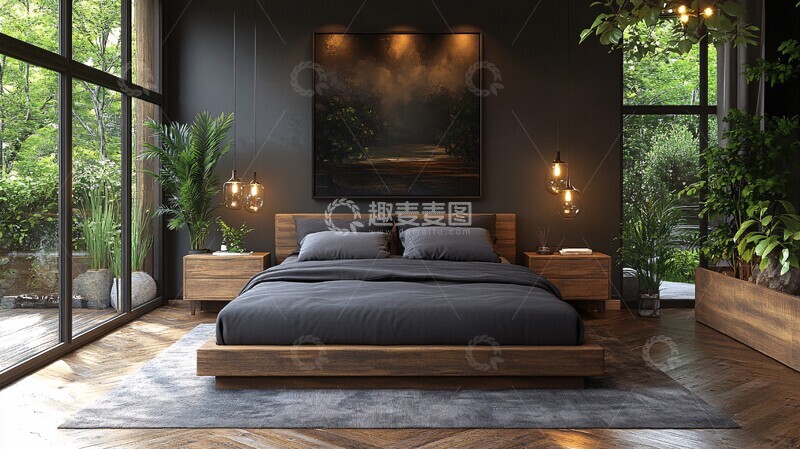 高清大图下载【趣麦麦图】灰色床铺木质床头3