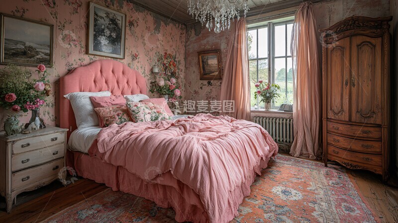 高清大图下载【趣麦麦图】粉色床与木床头柜3