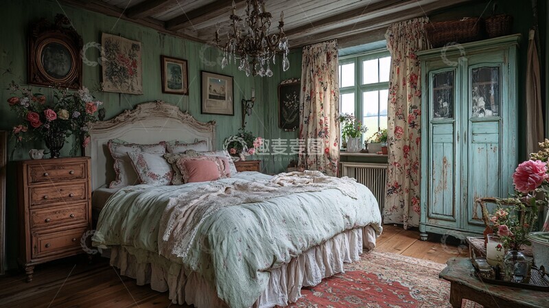 高清大图下载【趣麦麦图】白色床铺木质床头柜