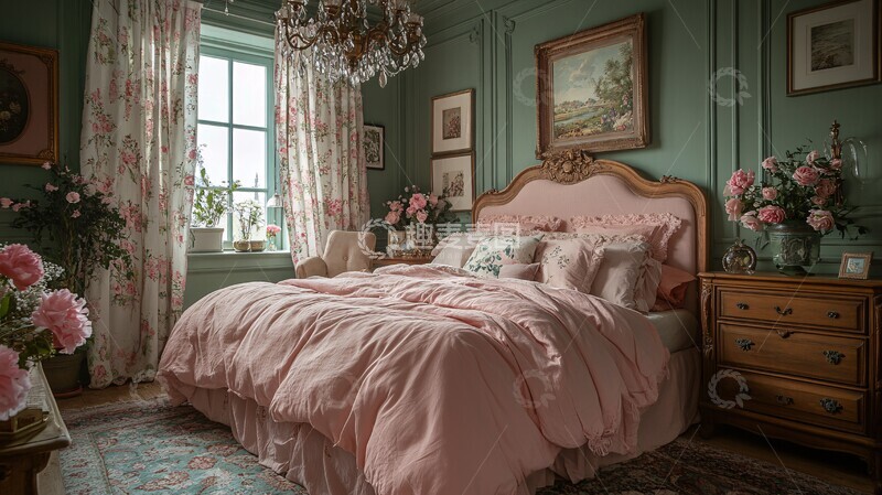 高清大图下载【趣麦麦图】粉色床与木质床头柜1