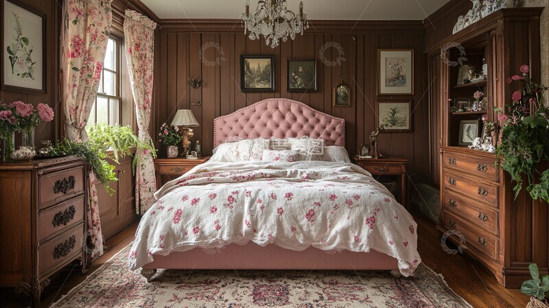 高清大图下载【趣麦麦图】粉色床与木床头柜1