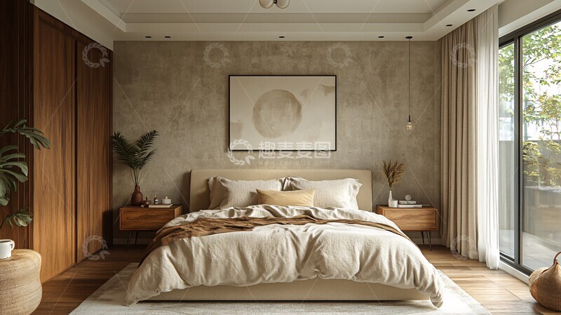高清大图下载【趣麦麦图】简约卧室床木桌