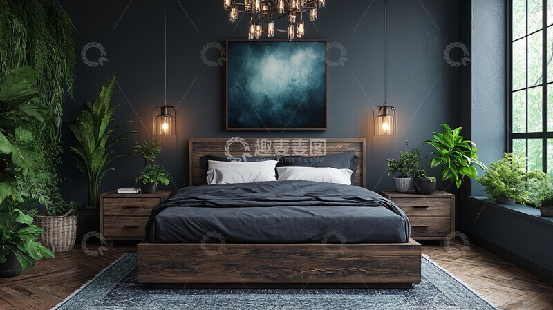高清大图下载【趣麦麦图】灰色床铺木质床头2