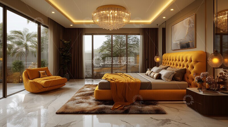 高清大图下载【趣麦麦图】黄金床与现代艺术卧室