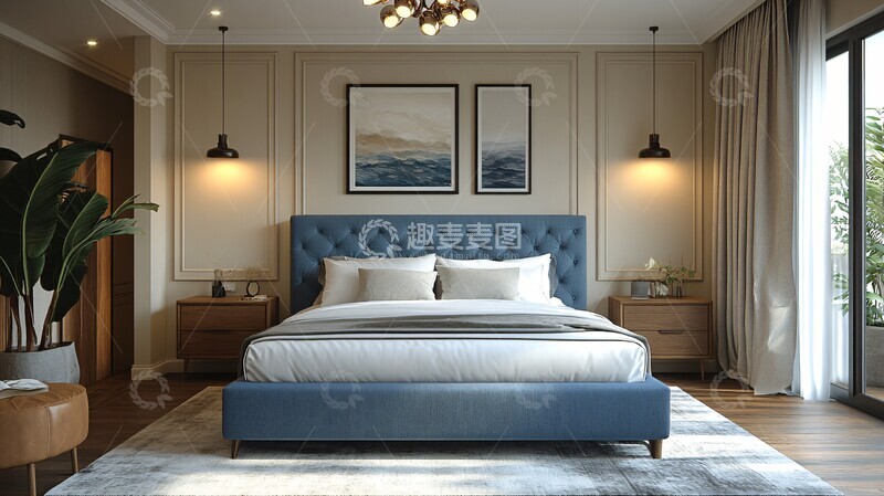 高清大图下载【趣麦麦图】蓝色床与木质床头柜
