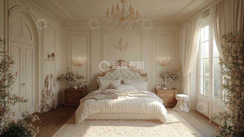 高清大图下载【趣麦麦图】白色床铺木质床头柜9