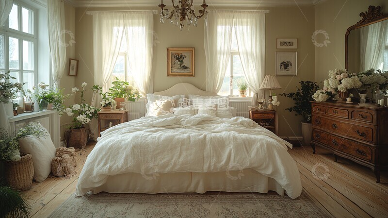 高清大图下载【趣麦麦图】白色床铺木质床头柜11