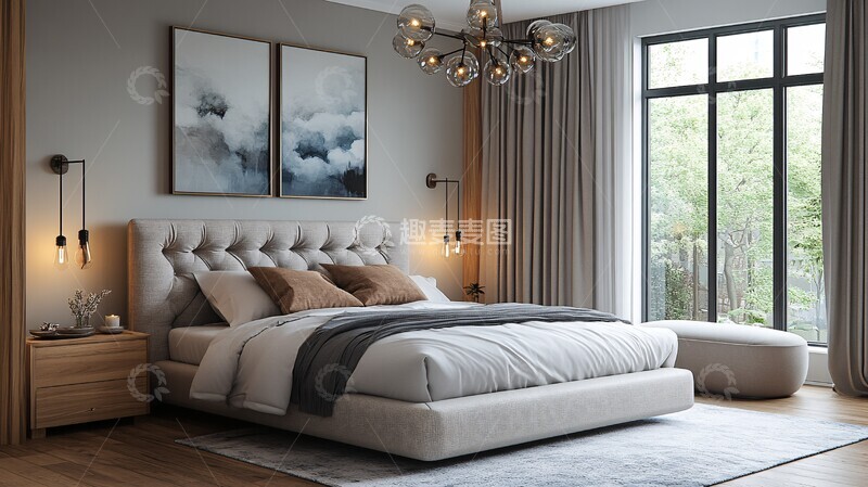 高清大图下载【趣麦麦图】灰色床与木质床头柜6