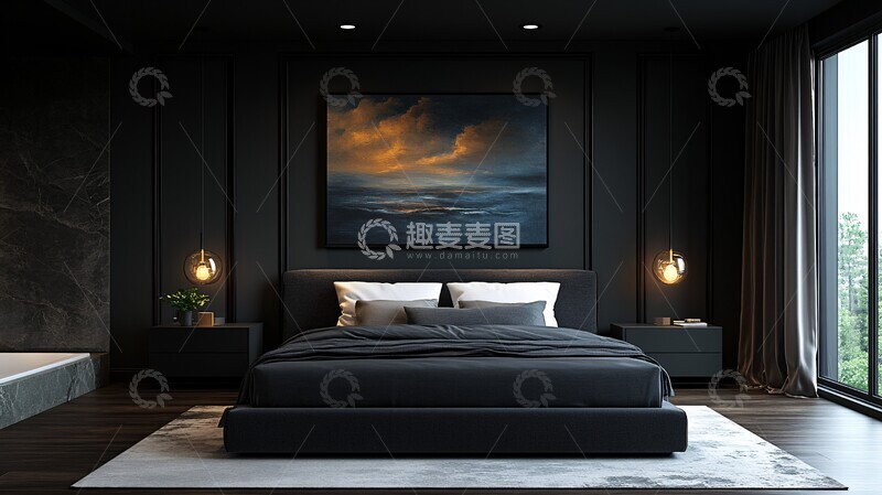 高清大图下载【趣麦麦图】灰色床黑色床头柜1
