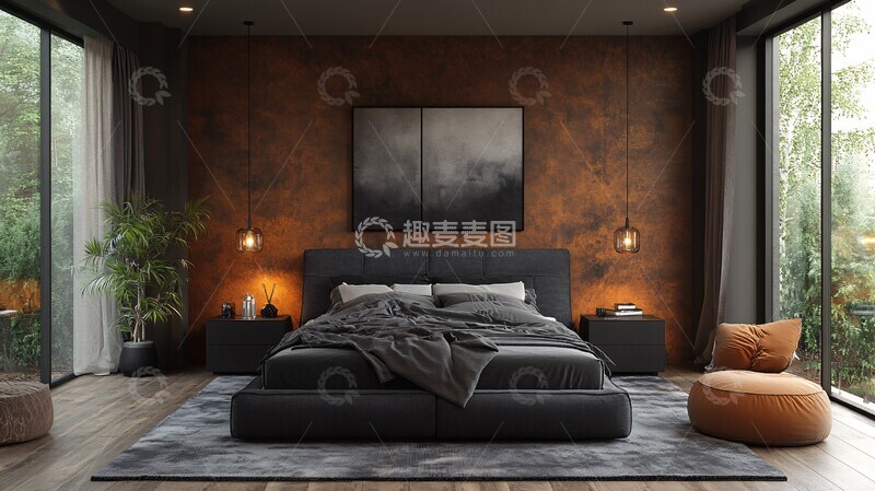 高清大图下载【趣麦麦图】灰色床黑色床头柜2