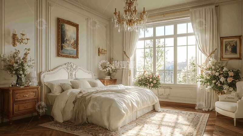 高清大图下载【趣麦麦图】白色床铺木质床头柜10