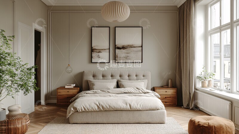 高清大图下载【趣麦麦图】灰色床与木质床头柜7