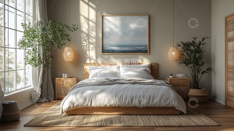 高清大图下载【趣麦麦图】浅灰木床植物装饰2