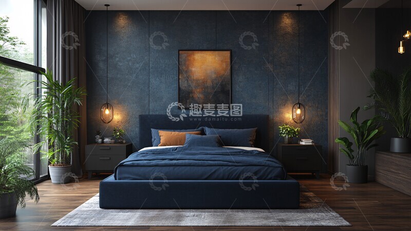 高清大图下载【趣麦麦图】深蓝床铺黑色桌灯饰1