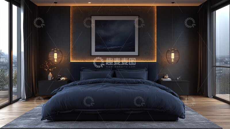 高清大图下载【趣麦麦图】深蓝床铺黑色桌灯饰3