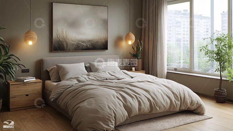 高清大图下载【趣麦麦图】浅灰木床植物装饰1