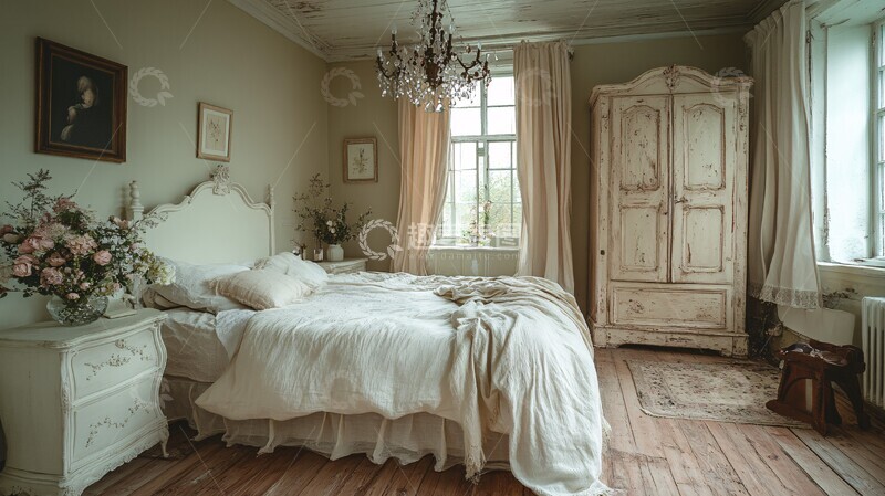 高清大图下载【趣麦麦图】白色床铺与雕花床头柜2