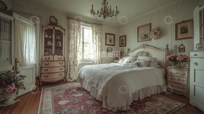 高清大图下载【趣麦麦图】白色床铺与雕花床头柜1