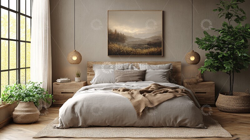 高清大图下载【趣麦麦图】浅灰木床植物装饰3