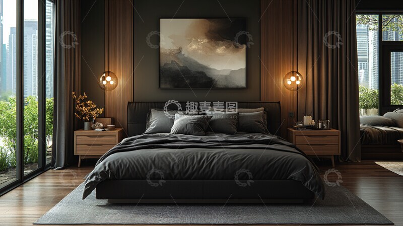 高清大图下载【趣麦麦图】-黑白木艺卧室1