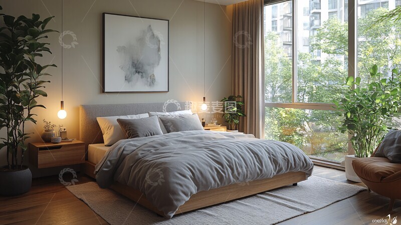 高清大图下载【趣麦麦图】浅灰木床植物装饰