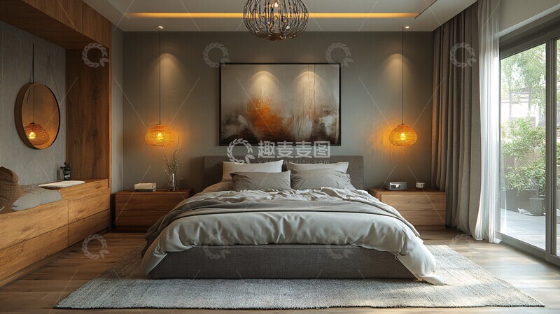 高清大图下载【趣麦麦图】灰色床铺木质床头柜5