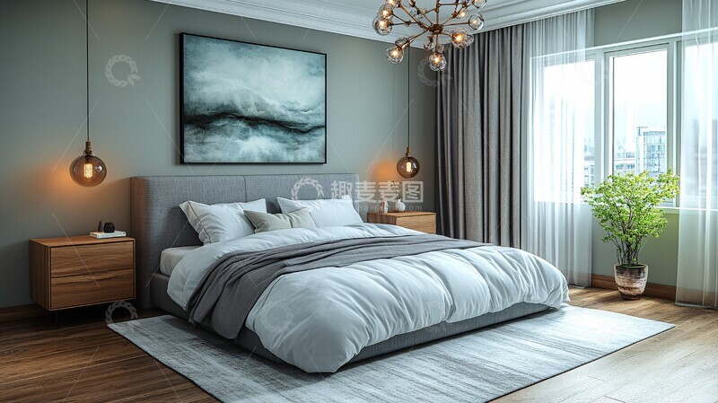 高清大图下载【趣麦麦图】灰色床铺木质床头柜6