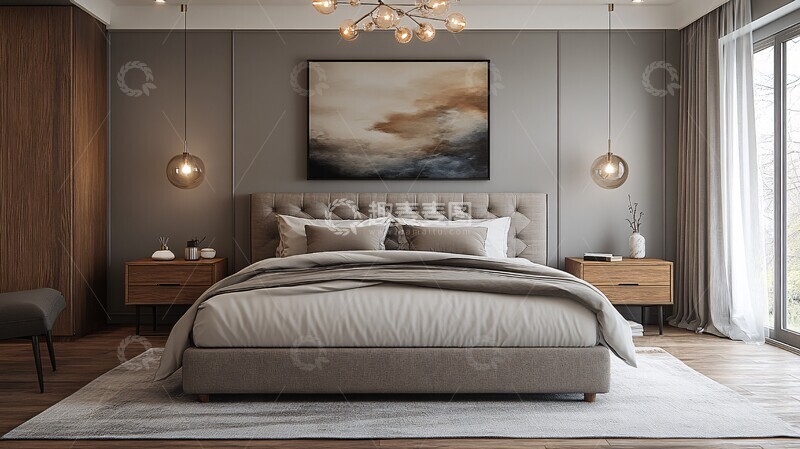 高清大图下载【趣麦麦图】灰色床铺木质床头柜4