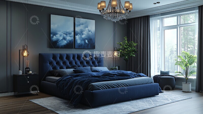 高清大图下载【趣麦麦图】深蓝床铺黑色桌灯饰2
