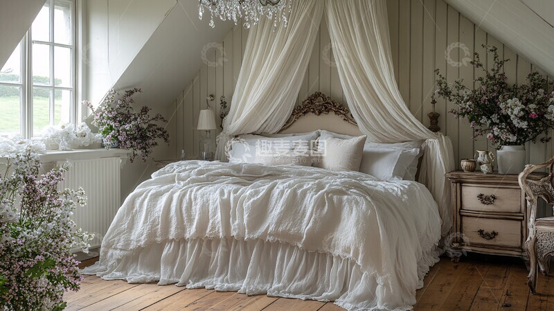 高清大图下载【趣麦麦图】白色床铺与雕花床头柜3