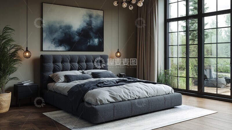 高清大图下载【趣麦麦图】灰色床黑色桌1
