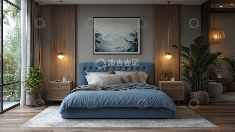 高清大图下载【趣麦麦图】蓝色床与木质床头柜5
