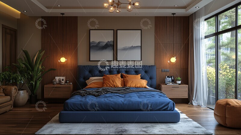 高清大图下载【趣麦麦图】蓝色床与木质床头柜3