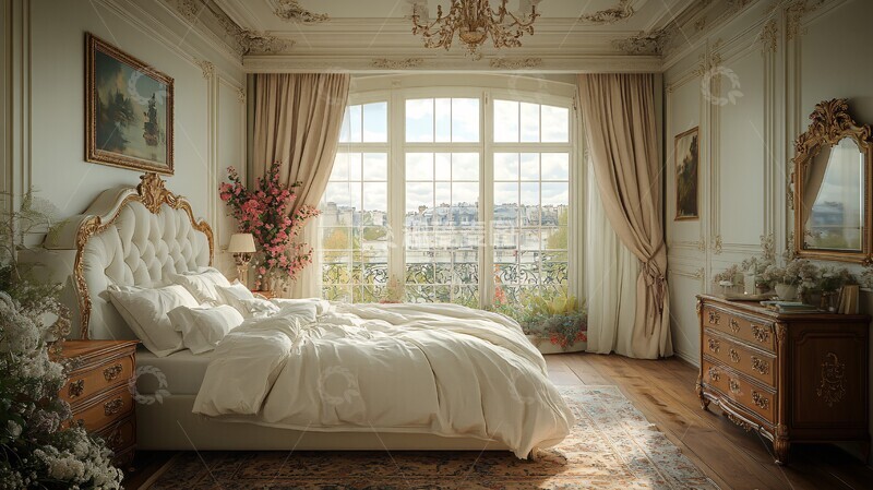 高清大图下载【趣麦麦图】白色床铺木质床头柜6