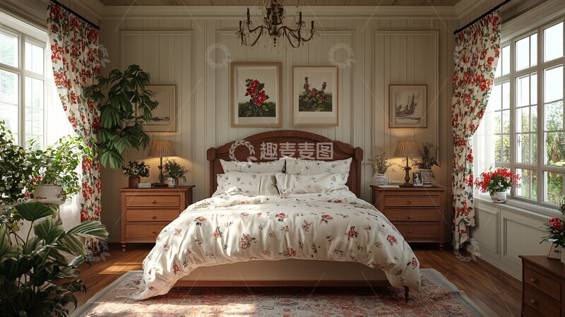 高清大图下载【趣麦麦图】木床花帘复古卧室2