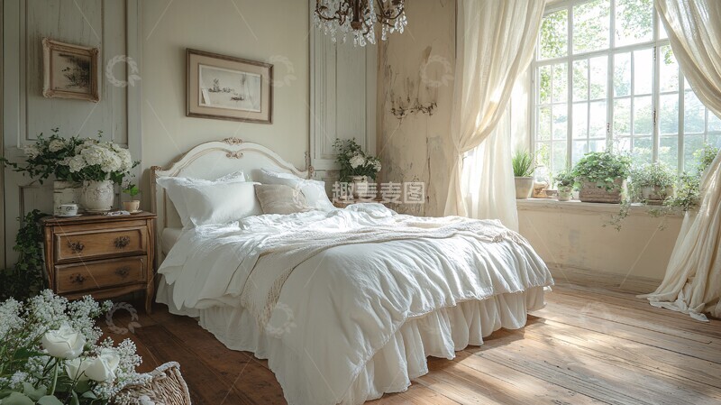 高清大图下载【趣麦麦图】白色床铺木质床头柜4