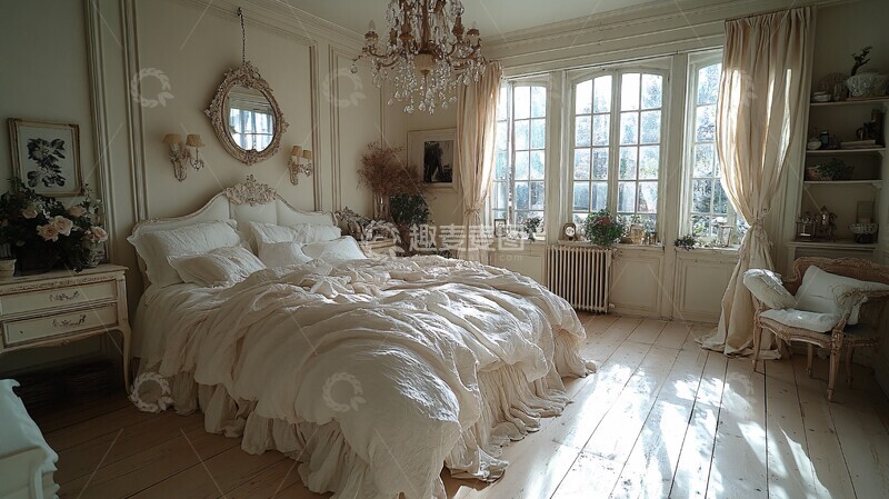 高清大图下载【趣麦麦图】白色床铺与雕花床头柜