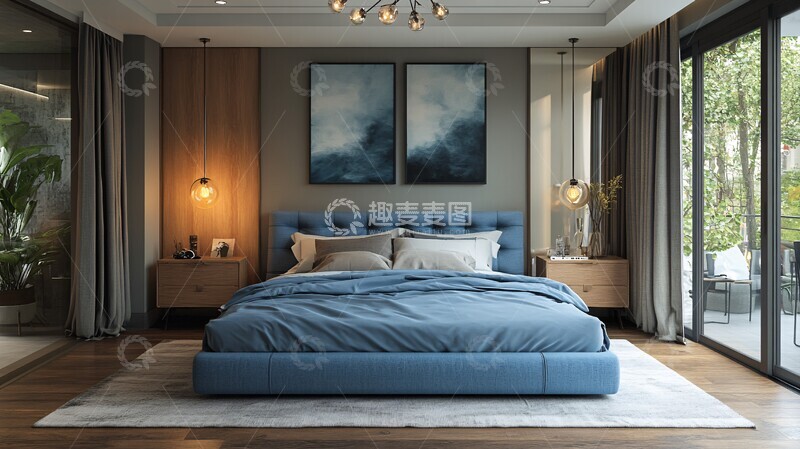 高清大图下载【趣麦麦图】蓝色床与木质床头柜2