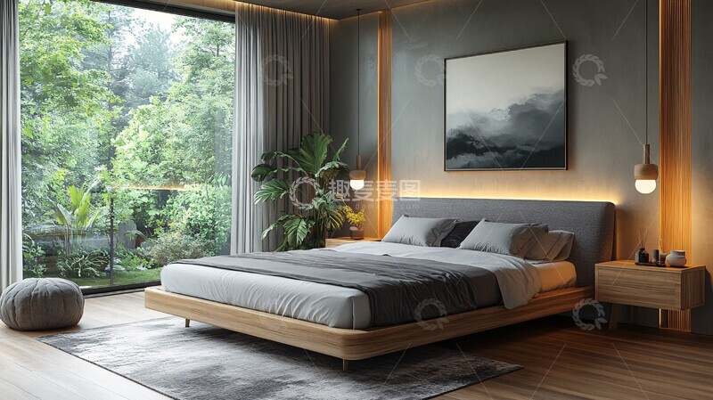 高清大图下载【趣麦麦图】灰色床与木质床头柜2