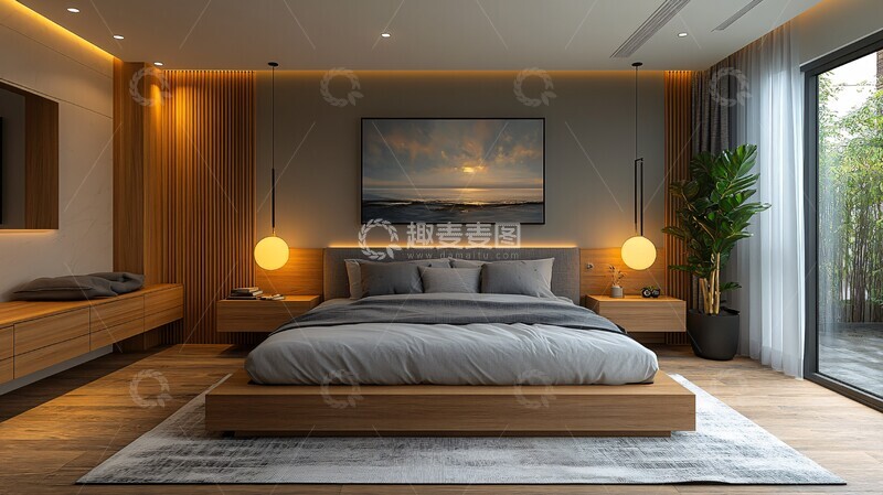 高清大图下载【趣麦麦图】灰色床与木质床头柜3