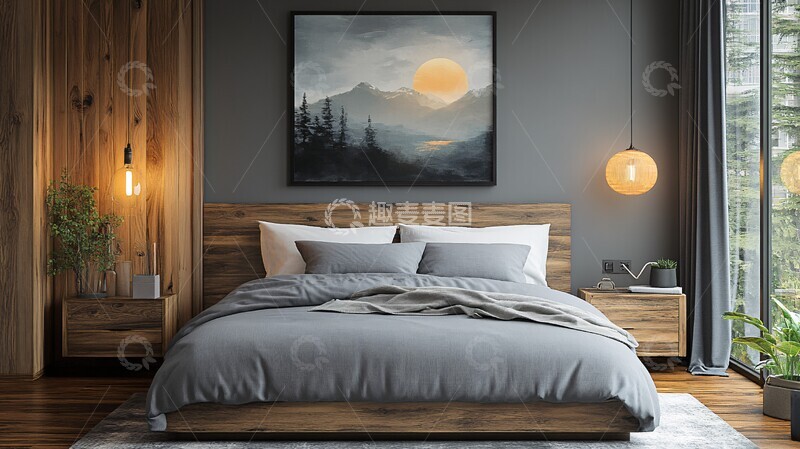 高清大图下载【趣麦麦图】灰色床木质床头柜1