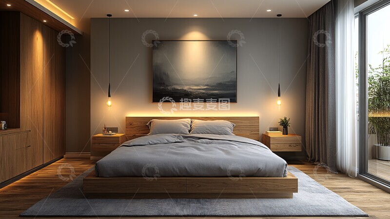 高清大图下载【趣麦麦图】灰色床与木质床头柜1