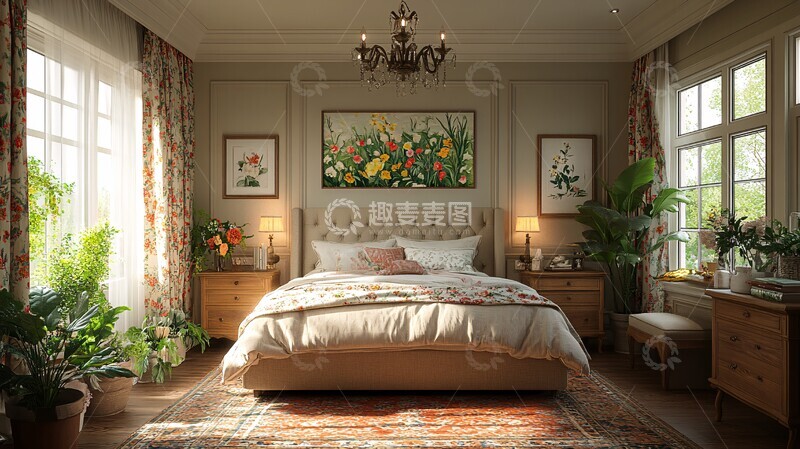 高清大图下载【趣麦麦图】木质床头花帘卧室1