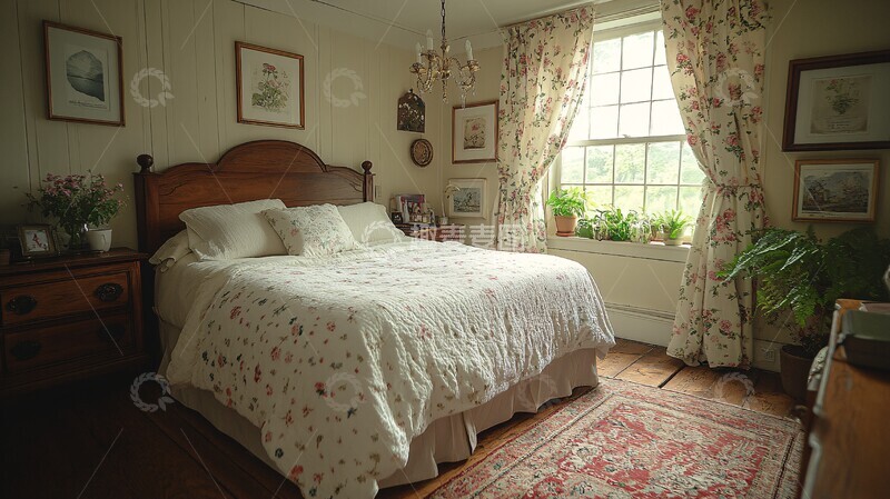 高清大图下载【趣麦麦图】木质床头花帘卧室