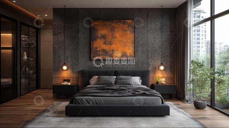 高清大图下载【趣麦麦图】灰色床黑色桌
