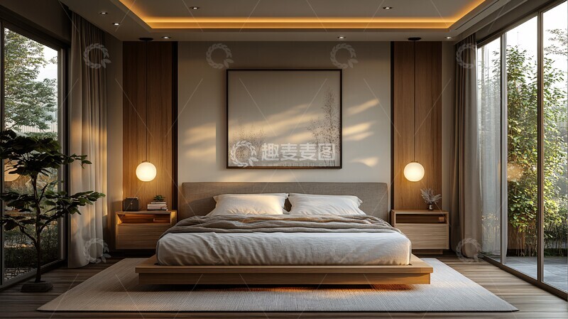 高清大图下载【趣麦麦图】灰色床与木质床头柜