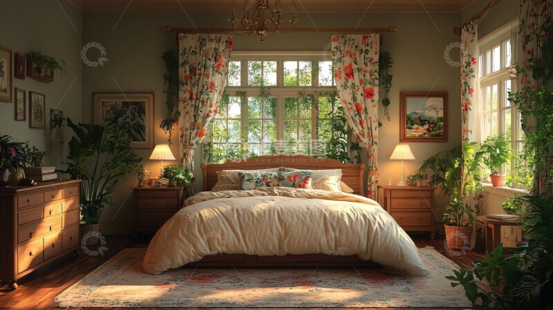 高清大图下载【趣麦麦图】木质床头花帘卧室2