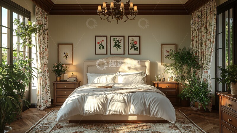 高清大图下载【趣麦麦图】木质床头花帘卧室3